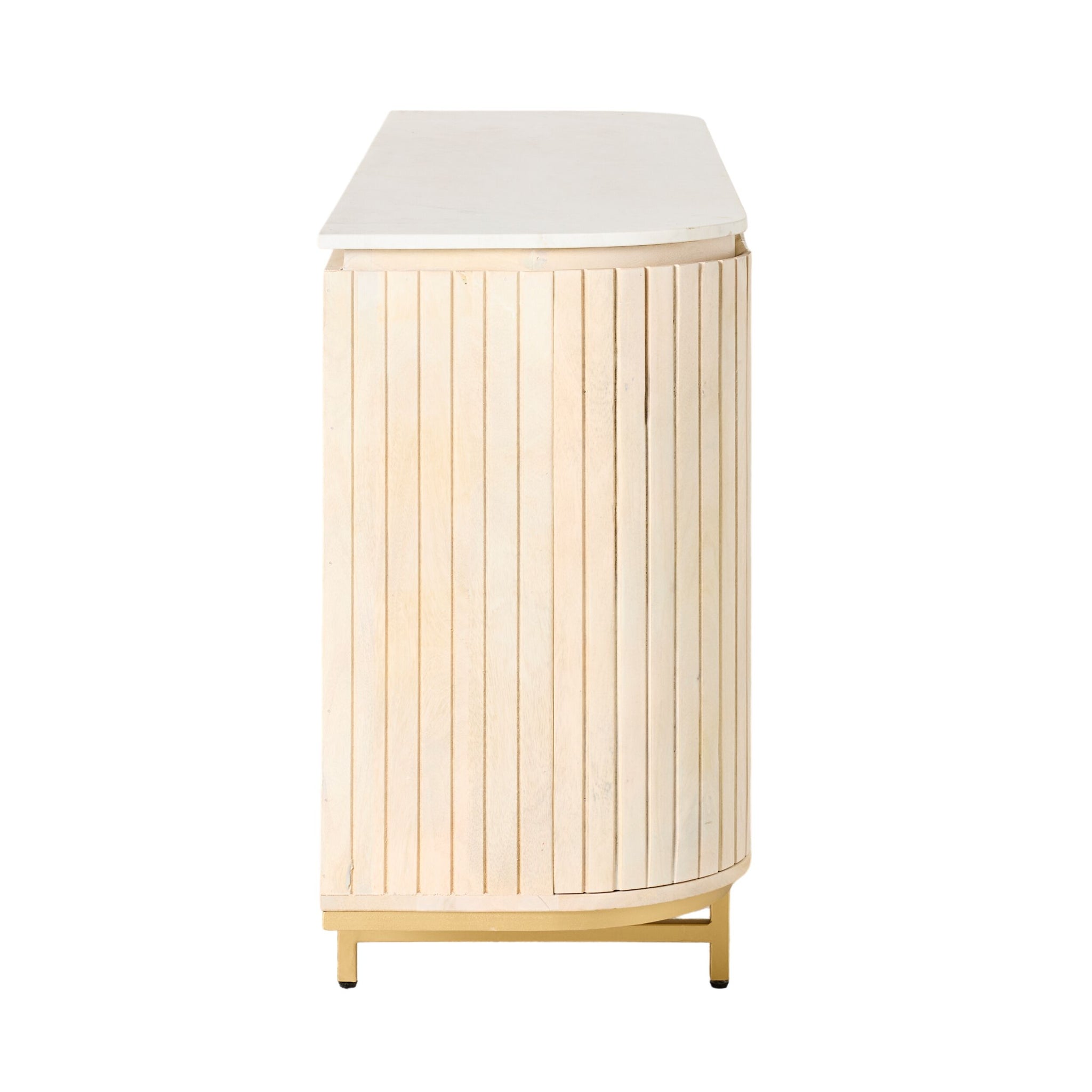 Side view of the Deva 4 Door Buffet (170 x 80 x 43cm), crafted from white wash mango wood with vertical slats, a white marble top, and a small gold base.
