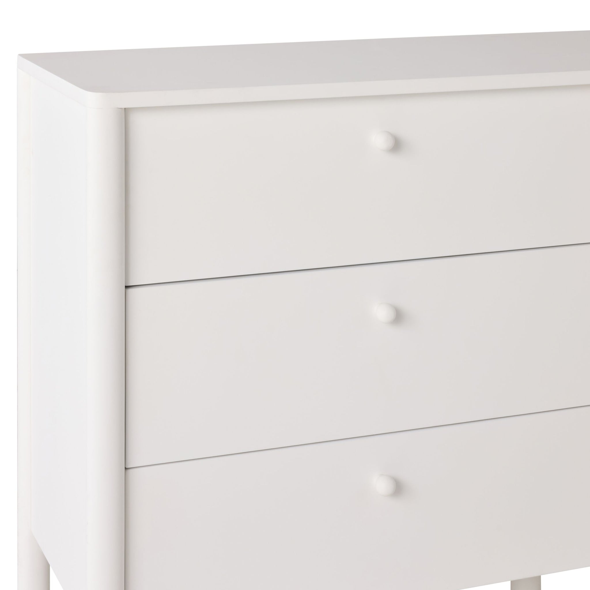 The Spintara 6 Drawer Low Chest White, crafted from pine with round knobs, is displayed at an angle against a plain background.