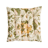 Add coastal-country charm with the Sorella Floral Seat Cushion 40x40cm—square cotton with a tufted design and green, yellow, and pink floral print on a cream background.