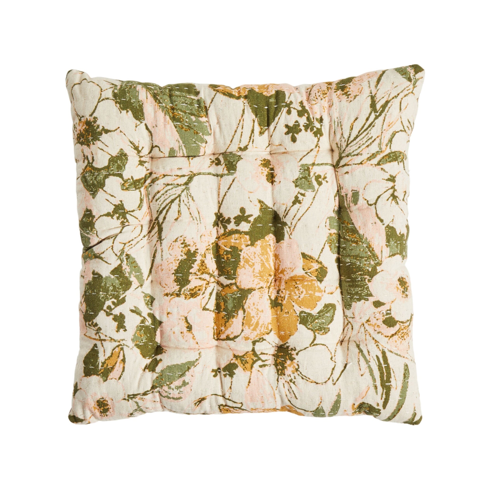 Add coastal-country charm with the Sorella Floral Seat Cushion 40x40cm—square cotton with a tufted design and green, yellow, and pink floral print on a cream background.