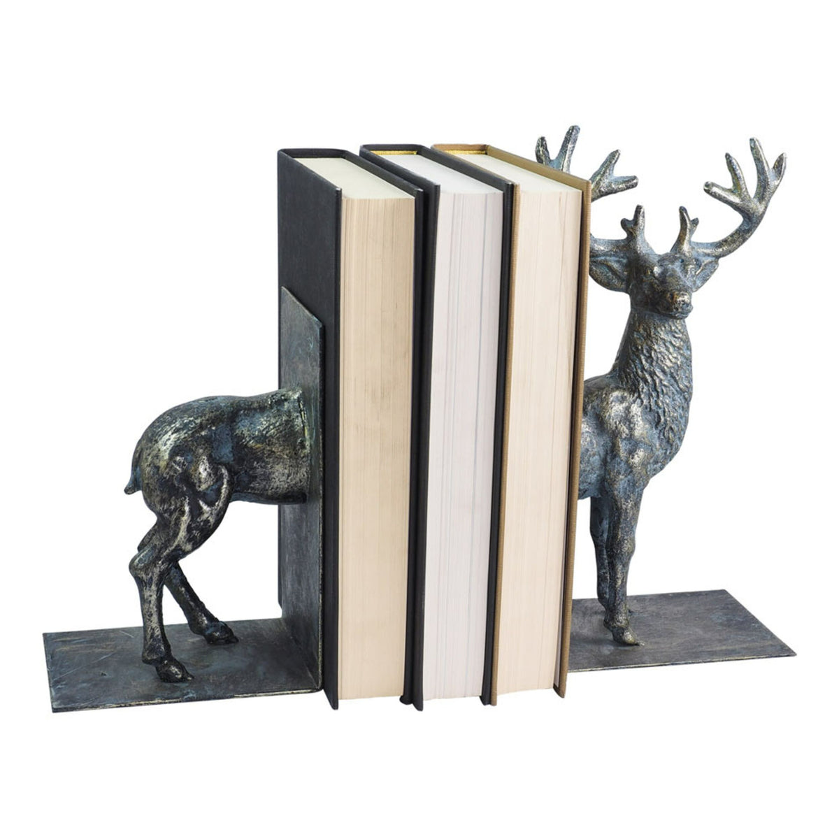 The Stag Book Ends 26x10cm, featuring a deer split across both ends, add striking decorative flair to any bookshelf while securely holding three books upright.