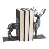 The Stag Book Ends 26x10cm, featuring a deer split across both ends, add striking decorative flair to any bookshelf while securely holding three books upright.
