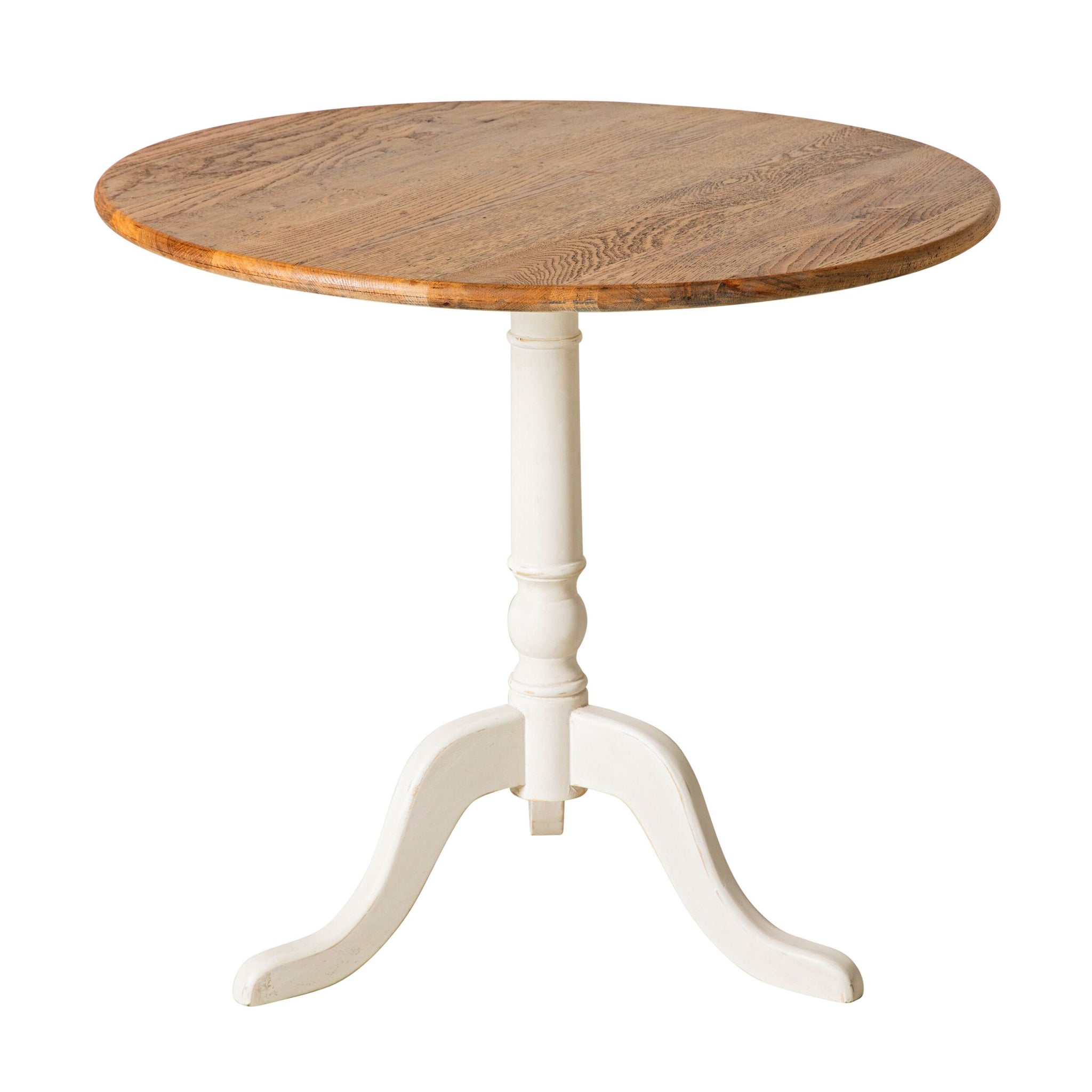 The Provincial Oak Drop-Down Cafe Table showcases a solid oak tabletop and a white pedestal base with three curved legs, embodying French provincial style.
