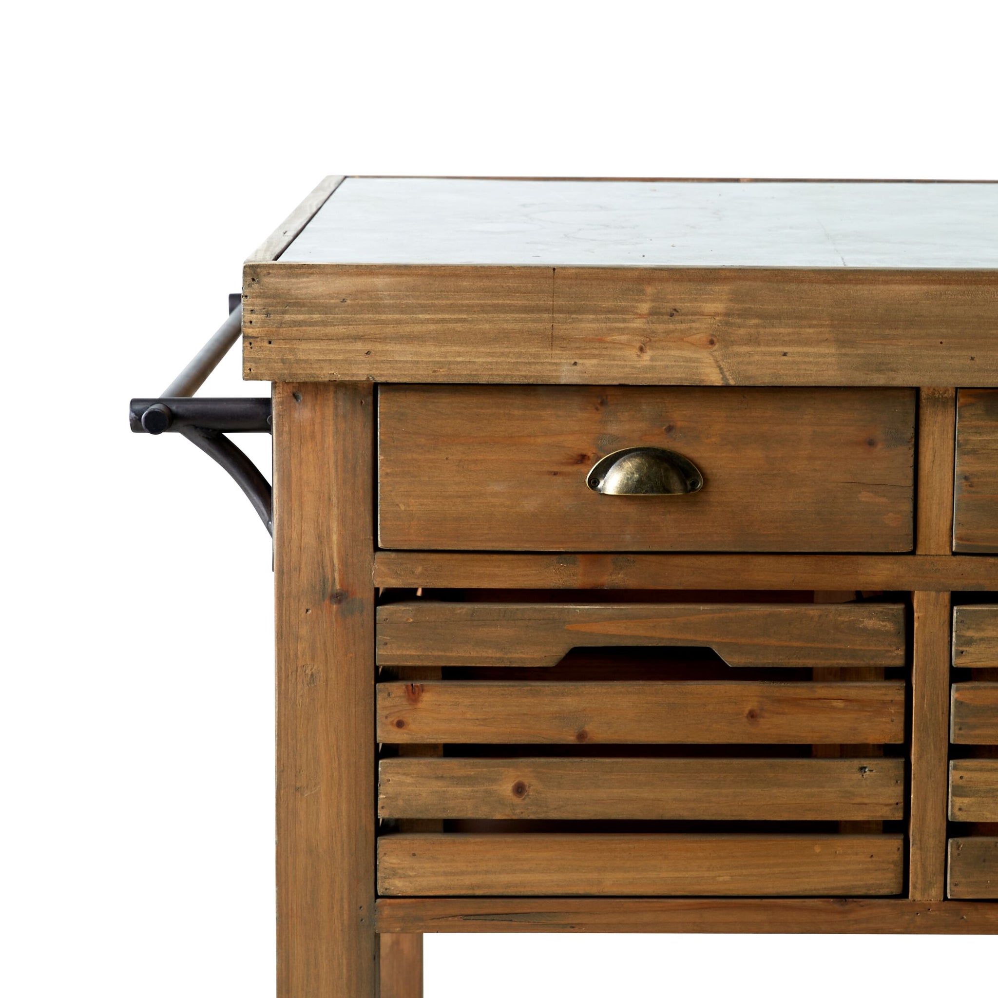 The Carter 2 Drawer Island Bench features a wooden frame, metal handles, a bluestone top, two drawers, and slatted cabinet doors, shown in close-up against a white background.