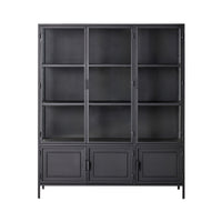 A sleek storage solution, the Nero 6 Door Display Cabinet (135 x 40 x 160cm, Black) features glass doors on top, solid panels below, six doors, and multiple shelves for modern appeal and ample storage.