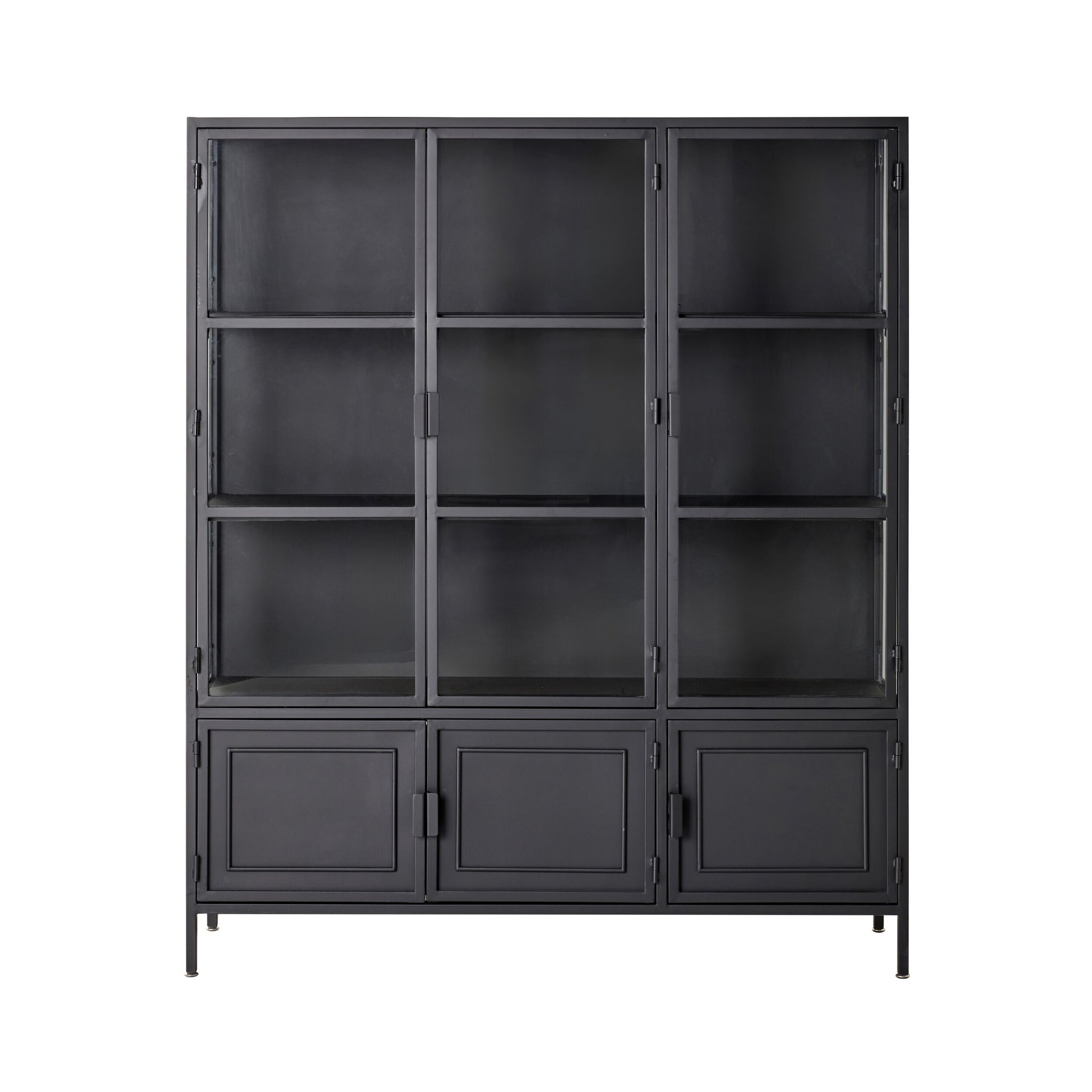 A sleek storage solution, the Nero 6 Door Display Cabinet (135 x 40 x 160cm, Black) features glass doors on top, solid panels below, six doors, and multiple shelves for modern appeal and ample storage.