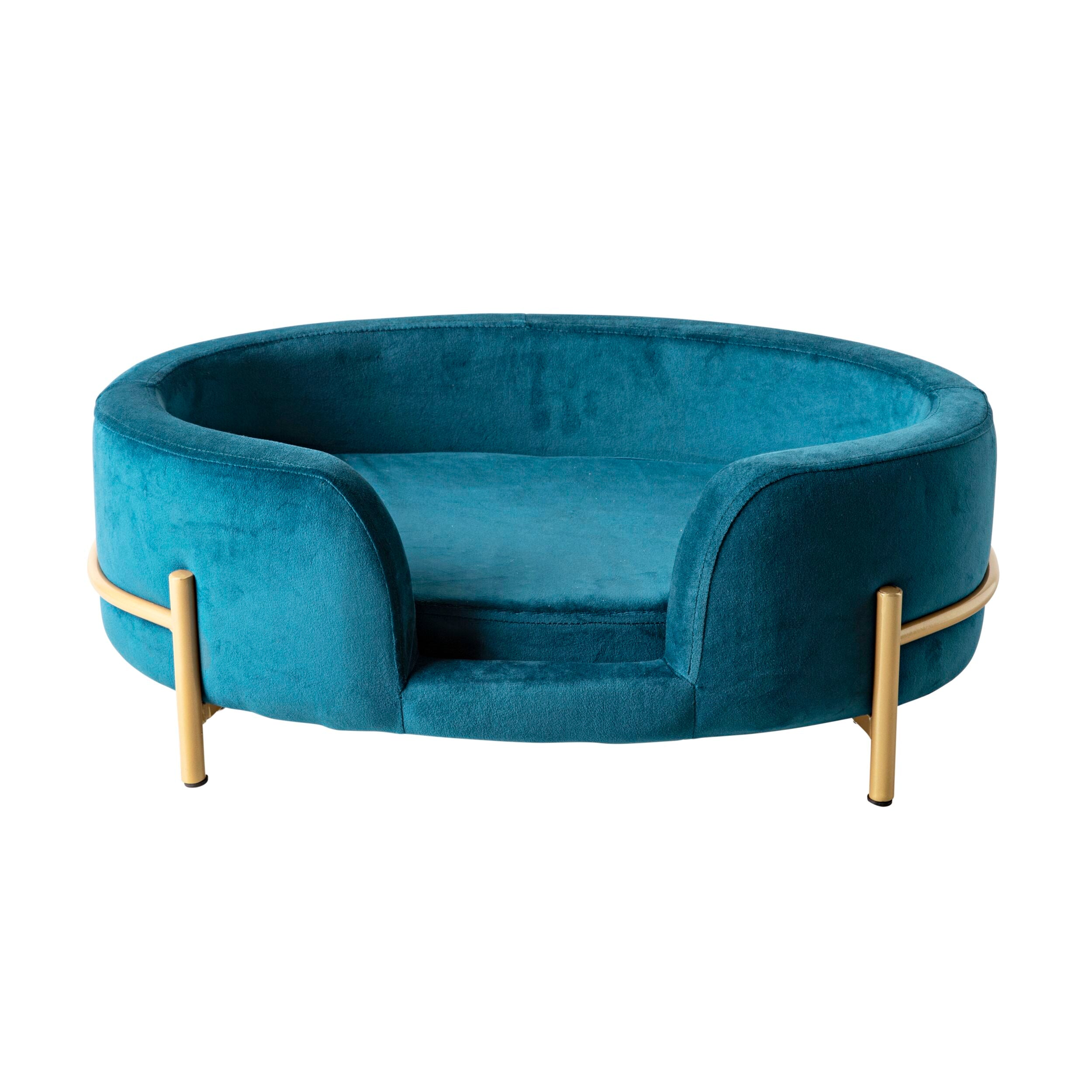Oval Velvet Pet Bed Teal Blue 64x41x24cm - Image 1