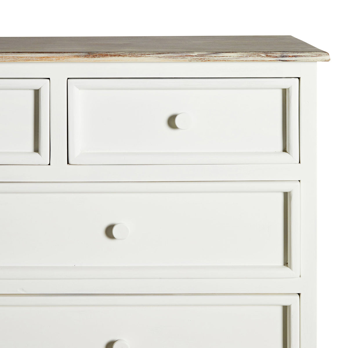 A close-up of the Maldon 9 Drawer Chest in Hamptons style, featuring white wood, nine drawers with round knobs, and a slightly weathered acacia timber top.