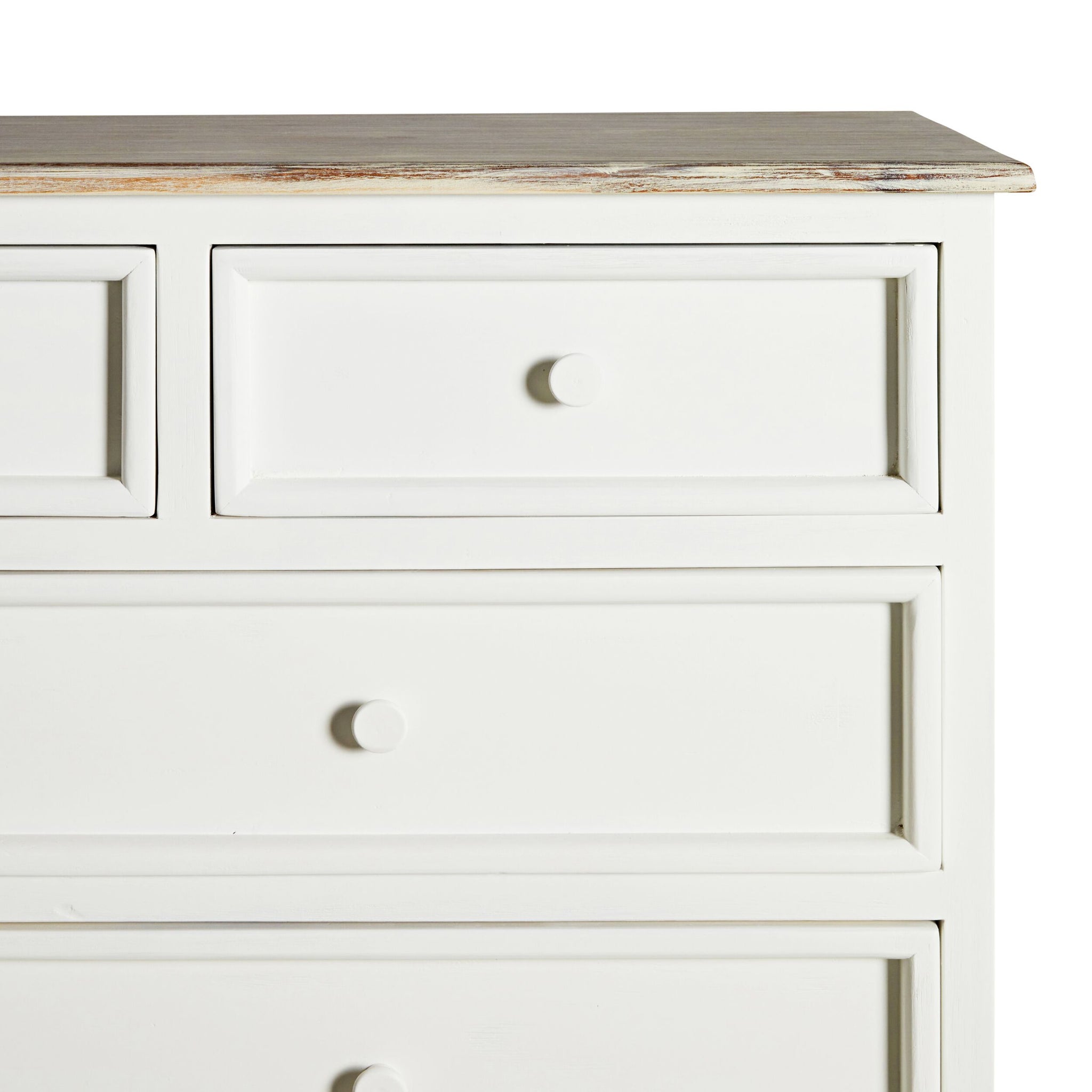 A close-up of the Maldon 9 Drawer Chest in Hamptons style, featuring white wood, nine drawers with round knobs, and a slightly weathered acacia timber top.