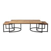 The Hartford 3 Piece Nesting Timber Coffee Table Set, made from rich mango wood and featuring coordinating benches with stylish black metal frames, showcases a classic industrial design.