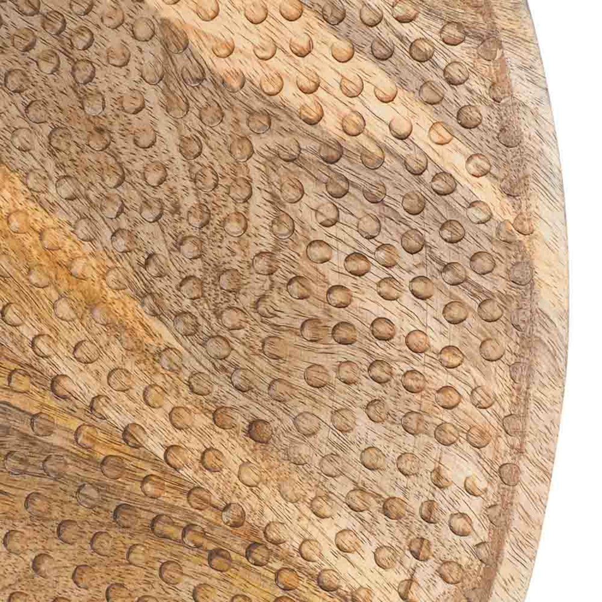 A close-up of the Arlo Lazy Susan 45x5cm features a mango wood surface with a carved dot pattern, perfect for adding elegance to any table setting.