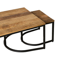 A set of Hartford 3 Piece Nesting Timber Coffee Tables, featuring a design with mango wood tops and sleek black metal legs. The smaller tables partially nest under the larger one, highlighting an industrial style ideal for modern decor.