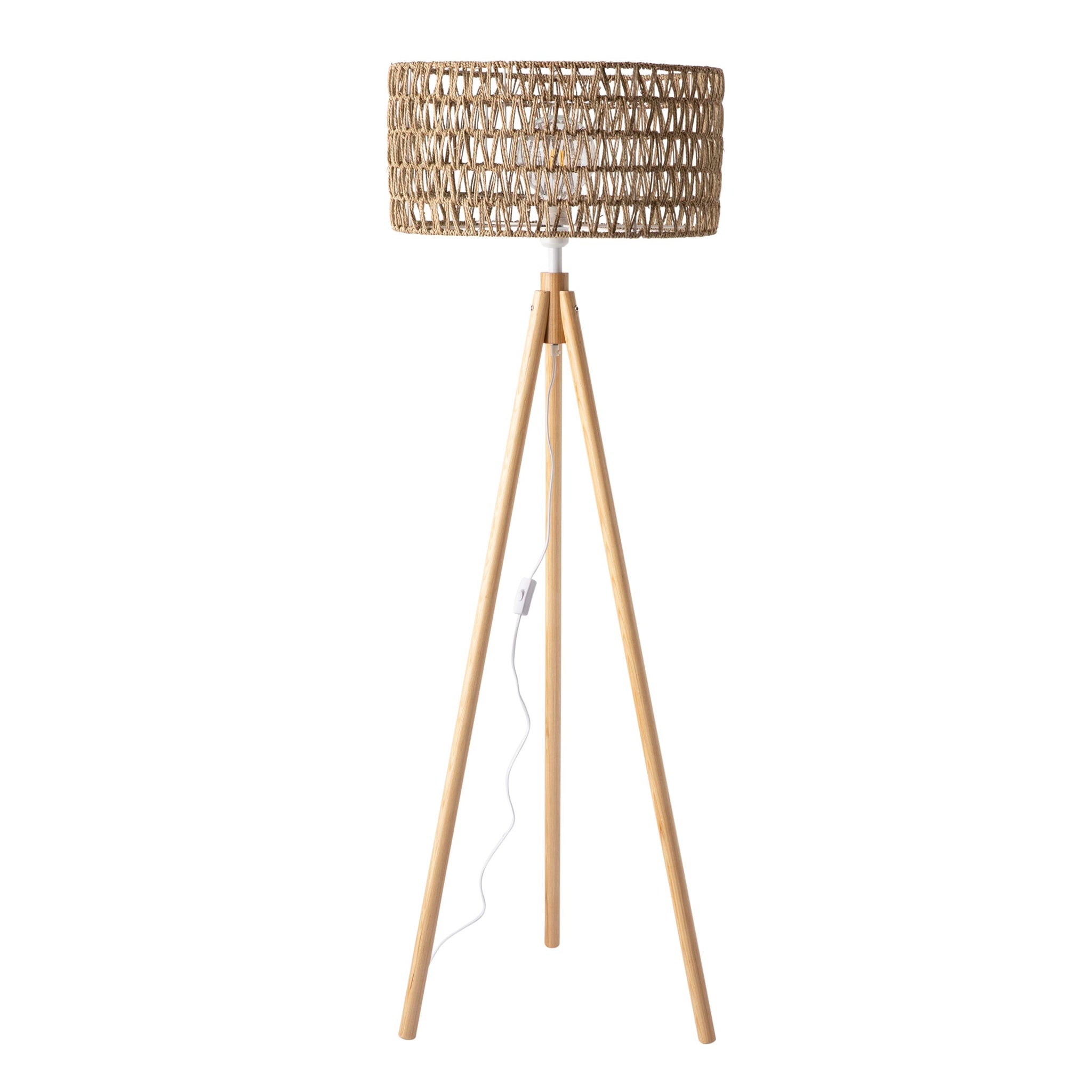 The Lexi Seagrass Natural Tripod Floor Lamp (165x45cm) features a wooden tripod base, woven rattan shade, white visible power cord and switch, inspired by coastal living style.