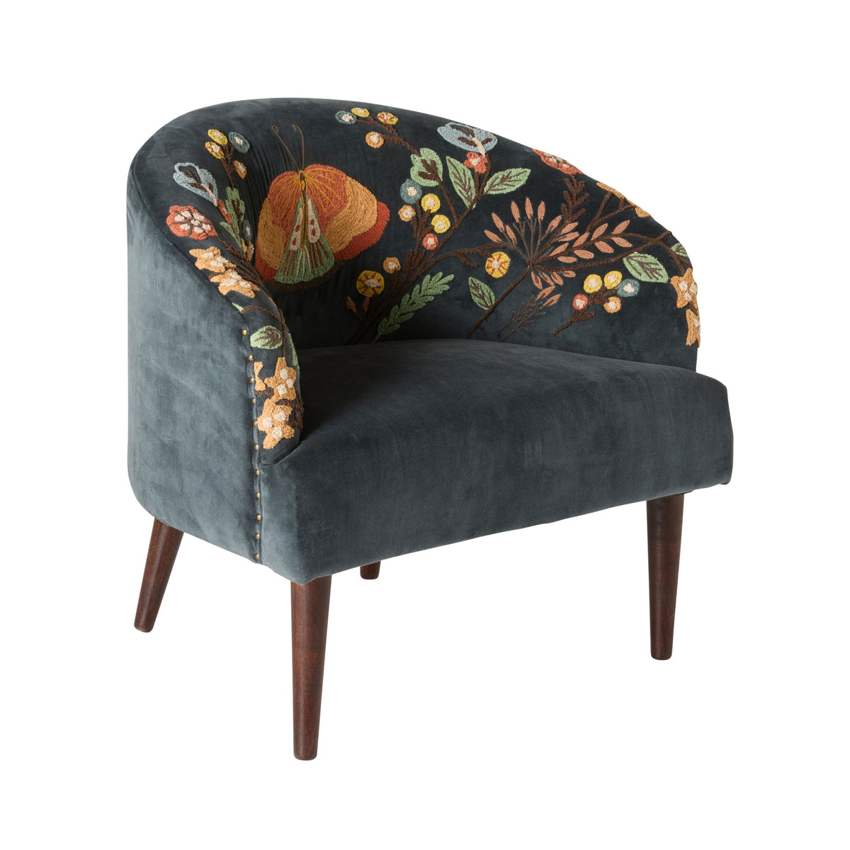 Freya Embroidered Occasional Chair Blue Velvet