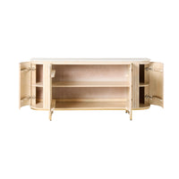 The Deva 4 Door Buffet (170 x 80 x 43cm) features a light white wash mango wood build with a white top, two open central shelves, and two cabinets with shelves at each end.