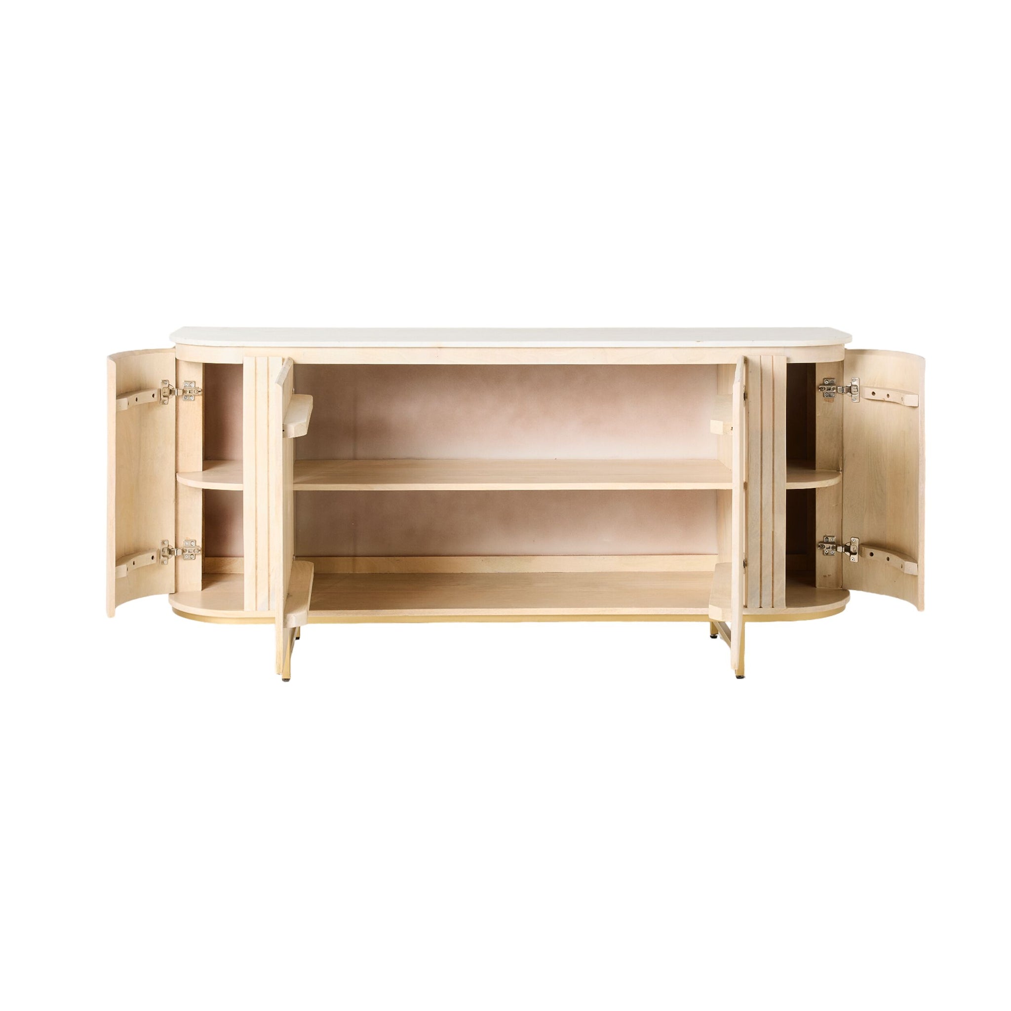 The Deva 4 Door Buffet (170 x 80 x 43cm) features a light white wash mango wood build with a white top, two open central shelves, and two cabinets with shelves at each end.