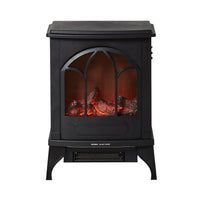 The Bromley Electric Fireplace (41x25.5x56.5cm) features a black freestanding design with a glass front, realistic glowing logs and embers, cozy warmth, coastal country style, and built-in overheat protection for safety.