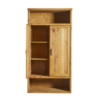 A wooden Kalise 2 Door Wardrobe with one door open reveals three interior shelves and a lower compartment, crafted from recycled pine with a smooth lacquered finish, photographed against a white background.