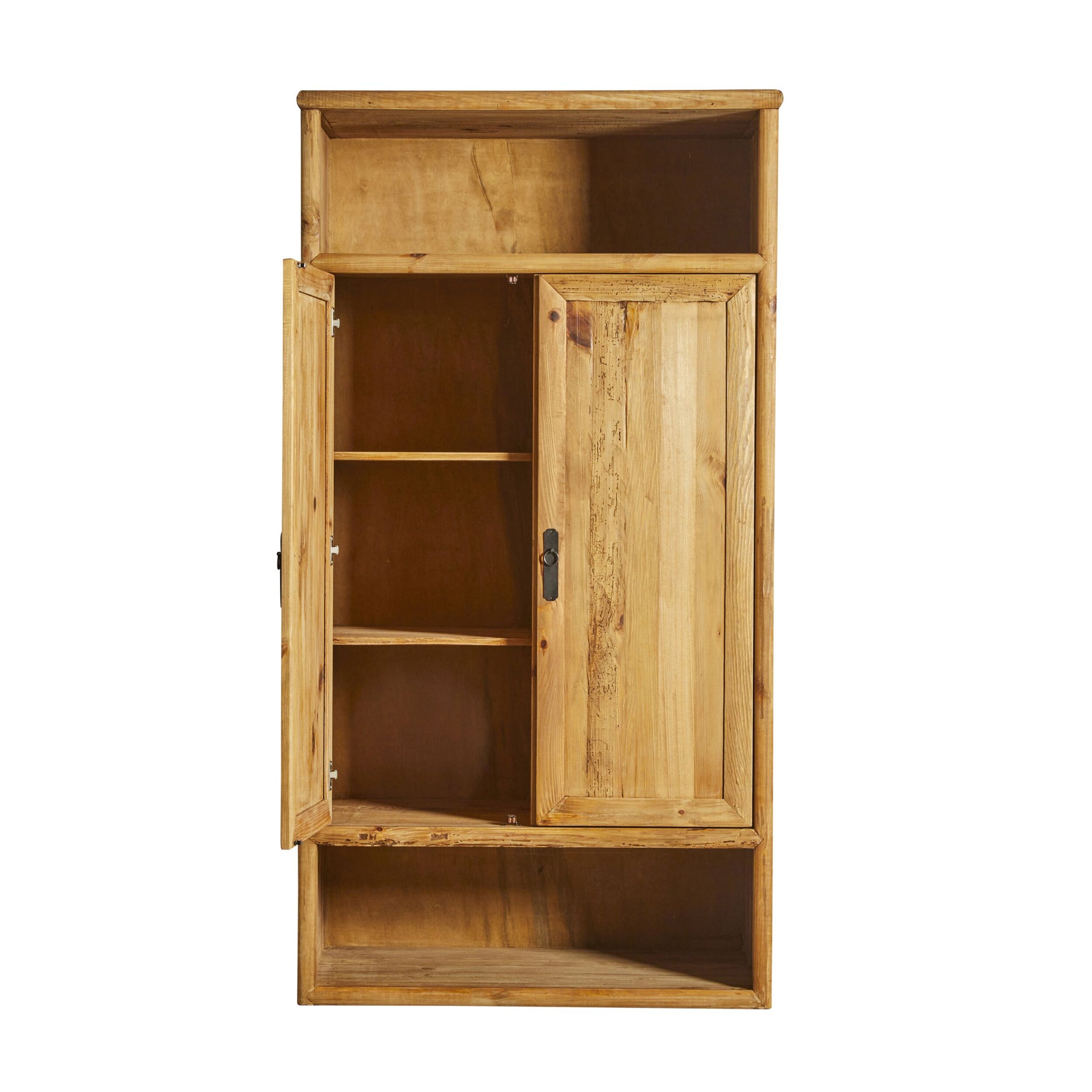 A wooden Kalise 2 Door Wardrobe with one door open reveals three interior shelves and a lower compartment, crafted from recycled pine with a smooth lacquered finish, photographed against a white background.