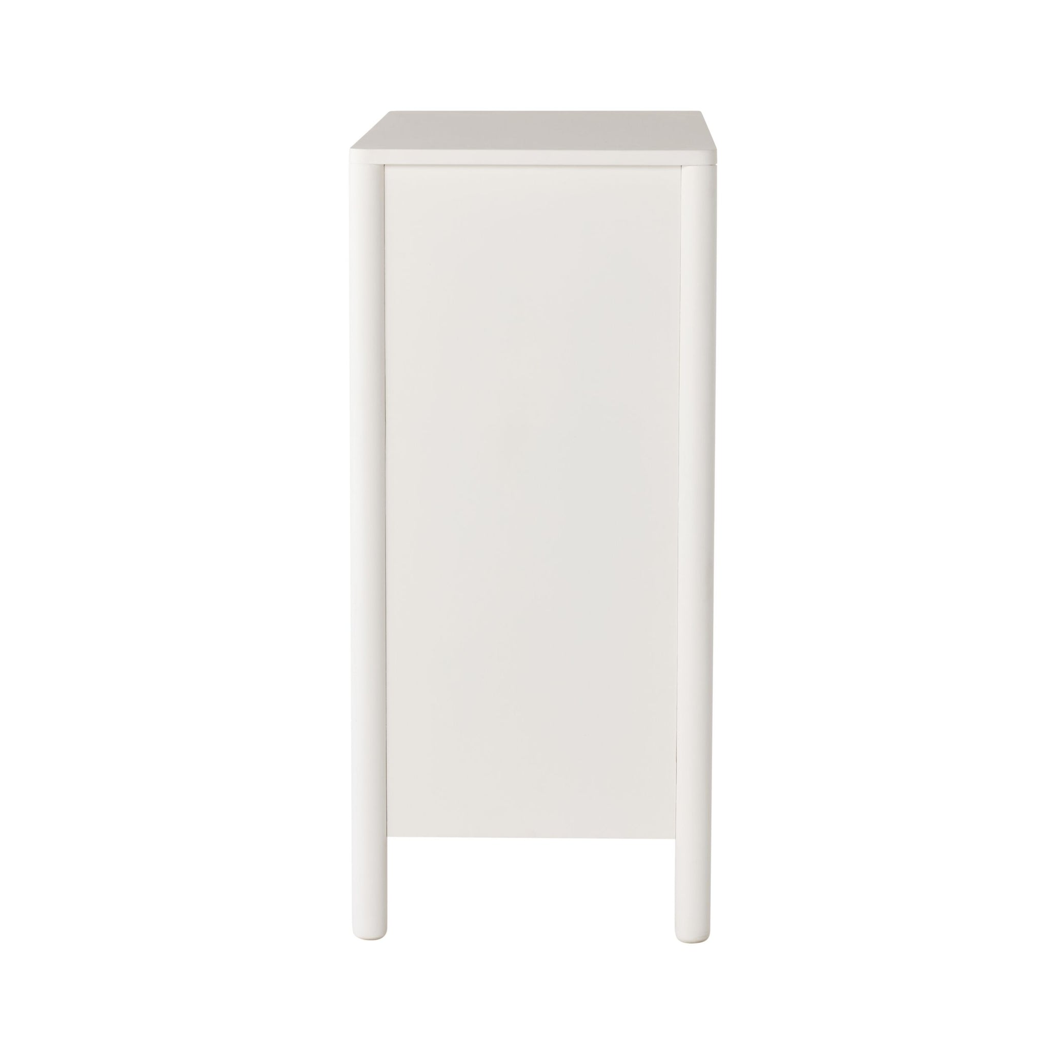 Side view of the Spintara 4 Drawer Chest White, featuring rounded corners and four straight legs, ideal for bedroom storage, photographed against a white background.