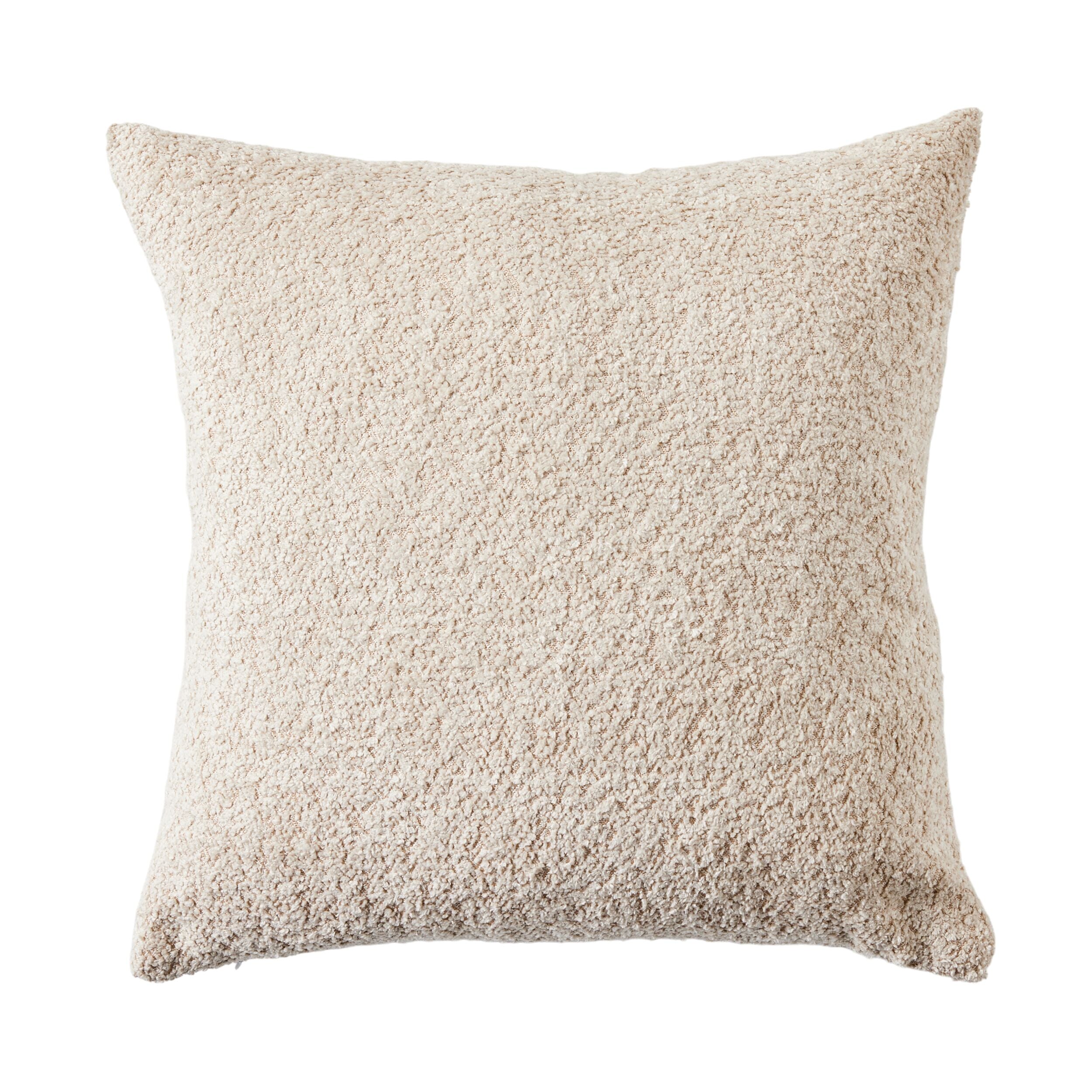 The Byron Boucle Cushion in oatmeal, measuring 45x45cm, is showcased against a white background.