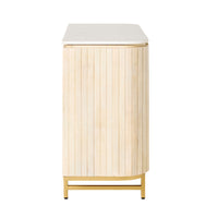 A side view of the Deva 2 Door Buffet (114 x 80 x 43cm) displays its vertical slats made from whitewashed mango wood, gracefully set on a gold metal base against a white backdrop.