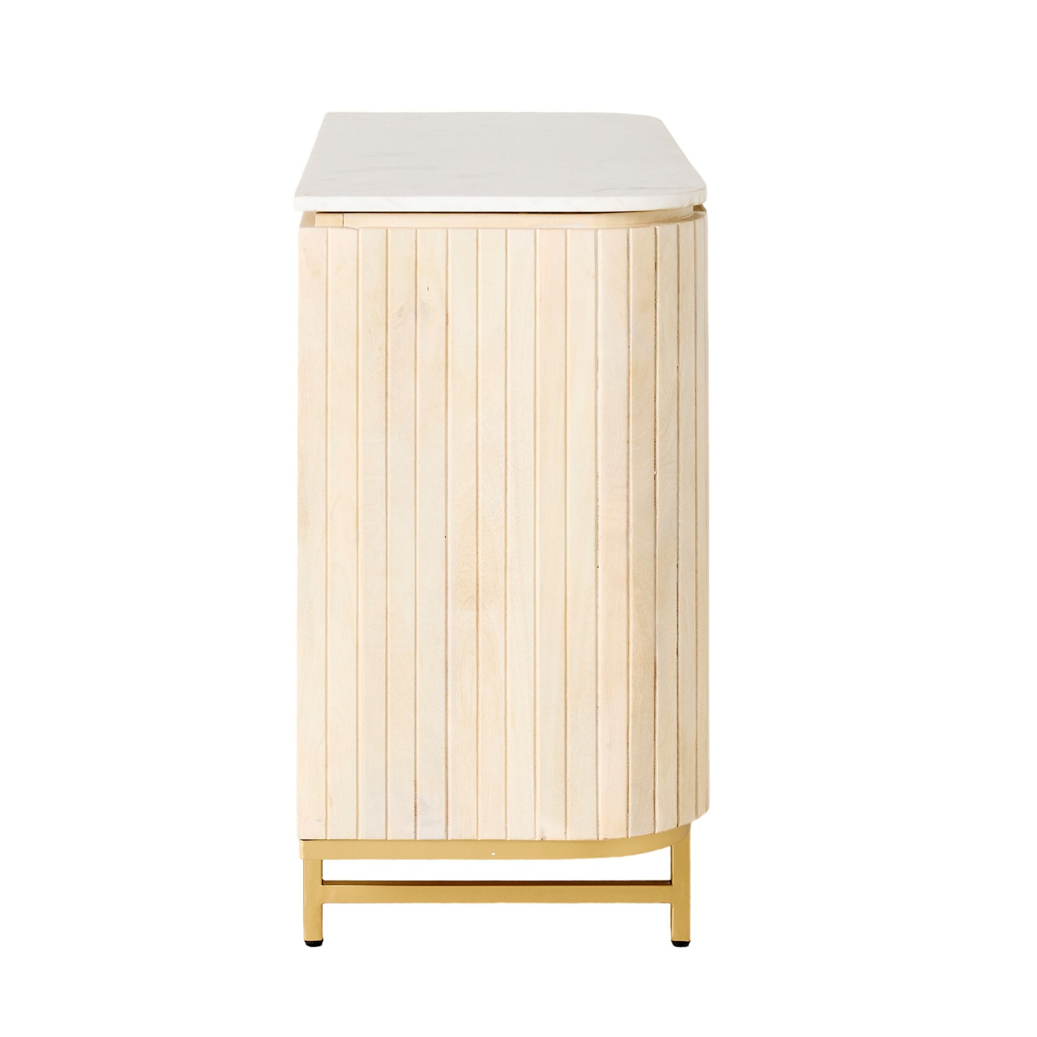 A side view of the Deva 2 Door Buffet (114 x 80 x 43cm) displays its vertical slats made from whitewashed mango wood, gracefully set on a gold metal base against a white backdrop.