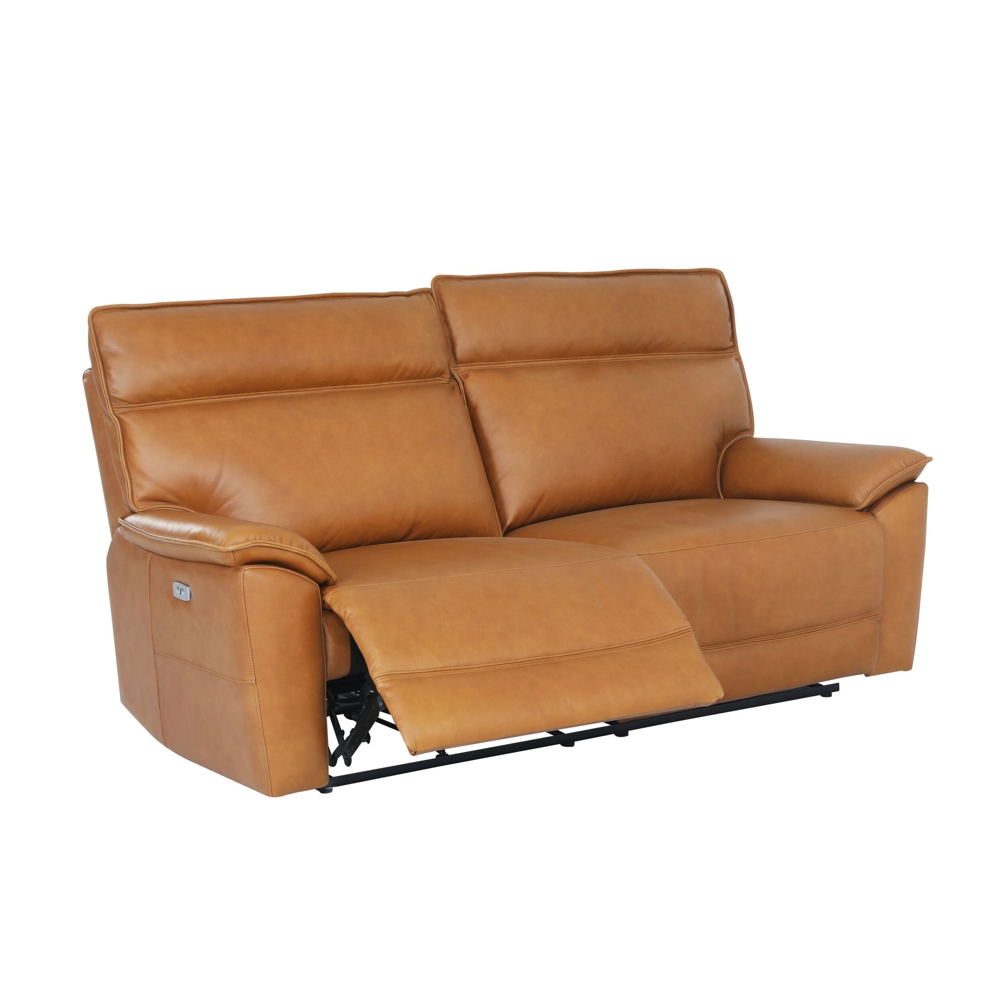 The Dillon 3 Seater Leather Recliner in Dakota Light Chestnut features plush cushions, a high back, and an extended footrest, shown against a white background.