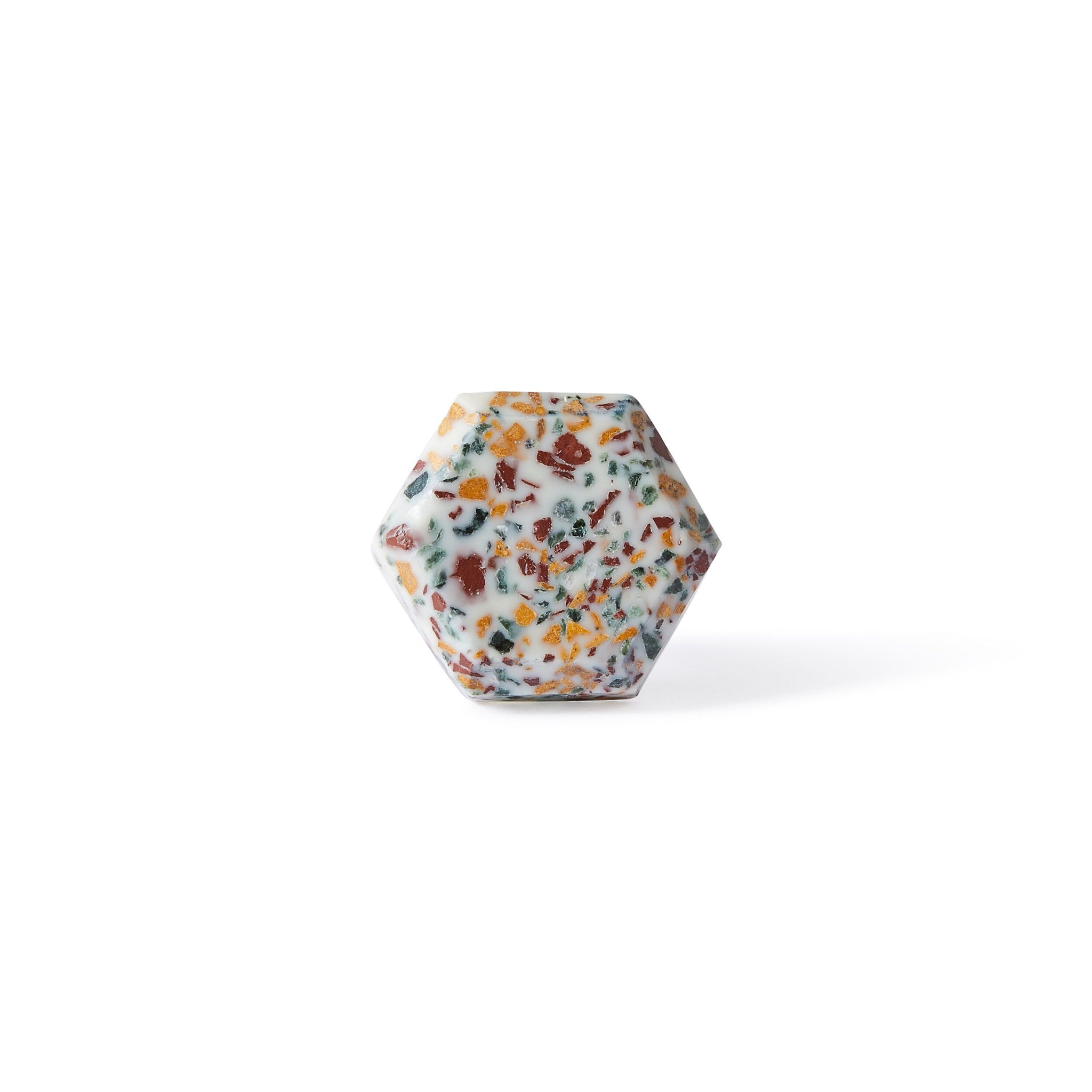 The Speckle Hexa Knob 4.6cm features a hexagonal terrazzo design with a white base and colorful speckles, shown upright on a plain white background—perfect as a decorative furniture knob.