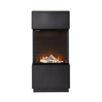 The Nelson Electric Fireplace 61x34x130cm is a modern freestanding unit with three glass sides, faux logs, and a striking orange flame effect.