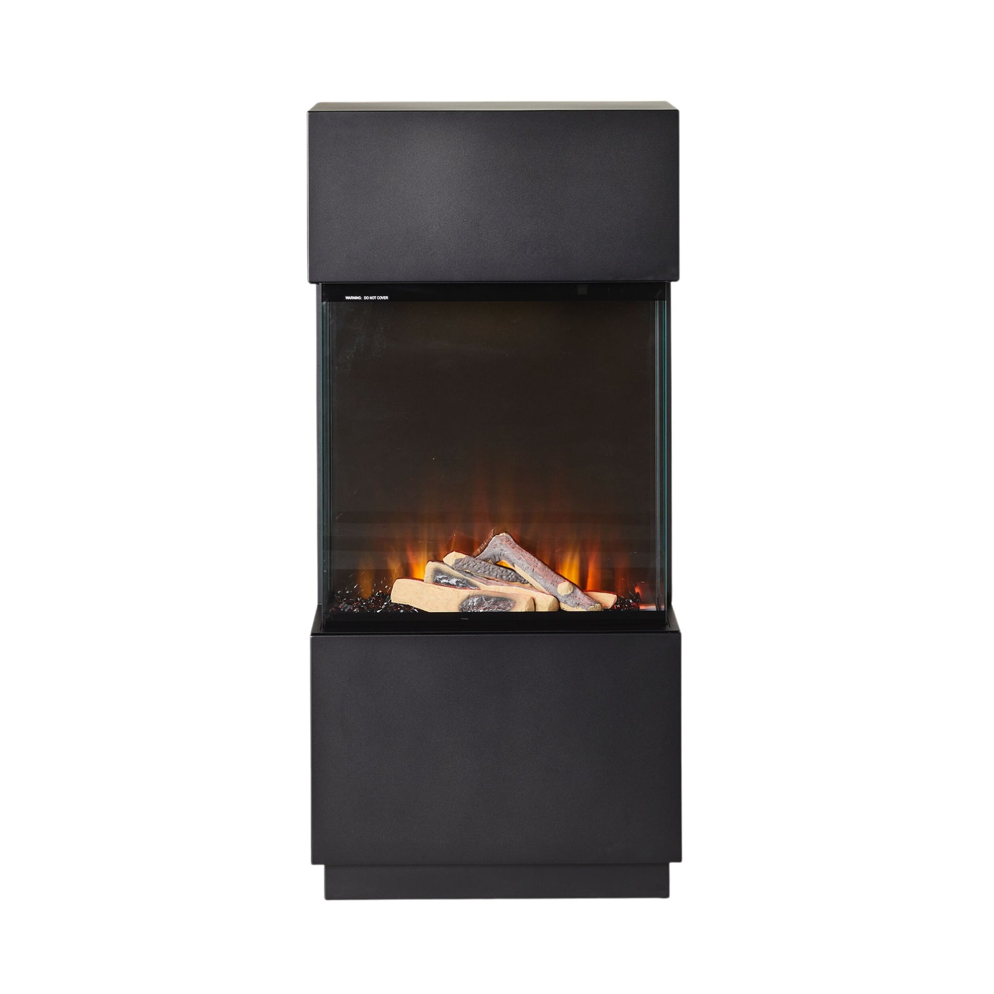 The Nelson Electric Fireplace 61x34x130cm is a modern freestanding unit with three glass sides, faux logs, and a striking orange flame effect.