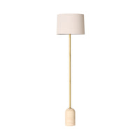 The Siena Round Travertine Floor Lamp 155cm features a gold metal stand, beige cylindrical fabric shade, and a rounded travertine base, shown against a plain white background.