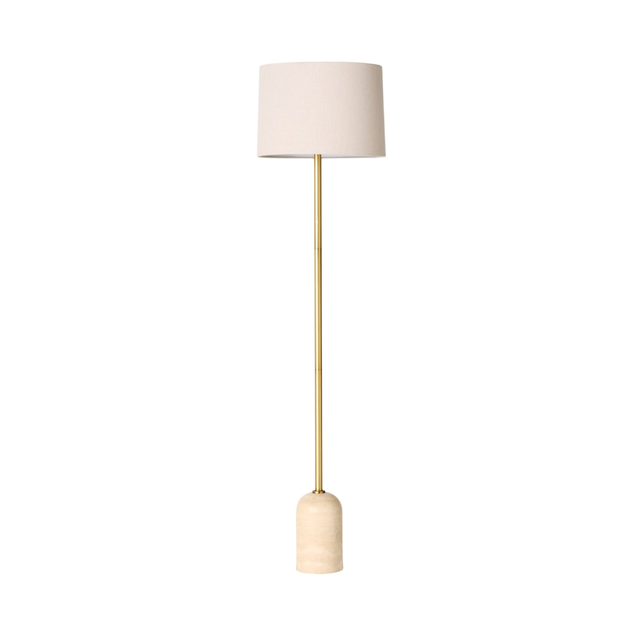 The Siena Round Travertine Floor Lamp 155cm features a gold metal stand, beige cylindrical fabric shade, and a rounded travertine base, shown against a plain white background.