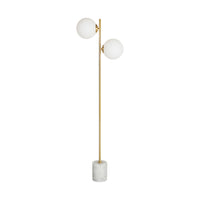 The Severina Metal Floor Lamp 158cm features a gold pole, two white globe bulbs, and a cylindrical white marble base—an elegant piece to complement your chandeliers and table lamps.