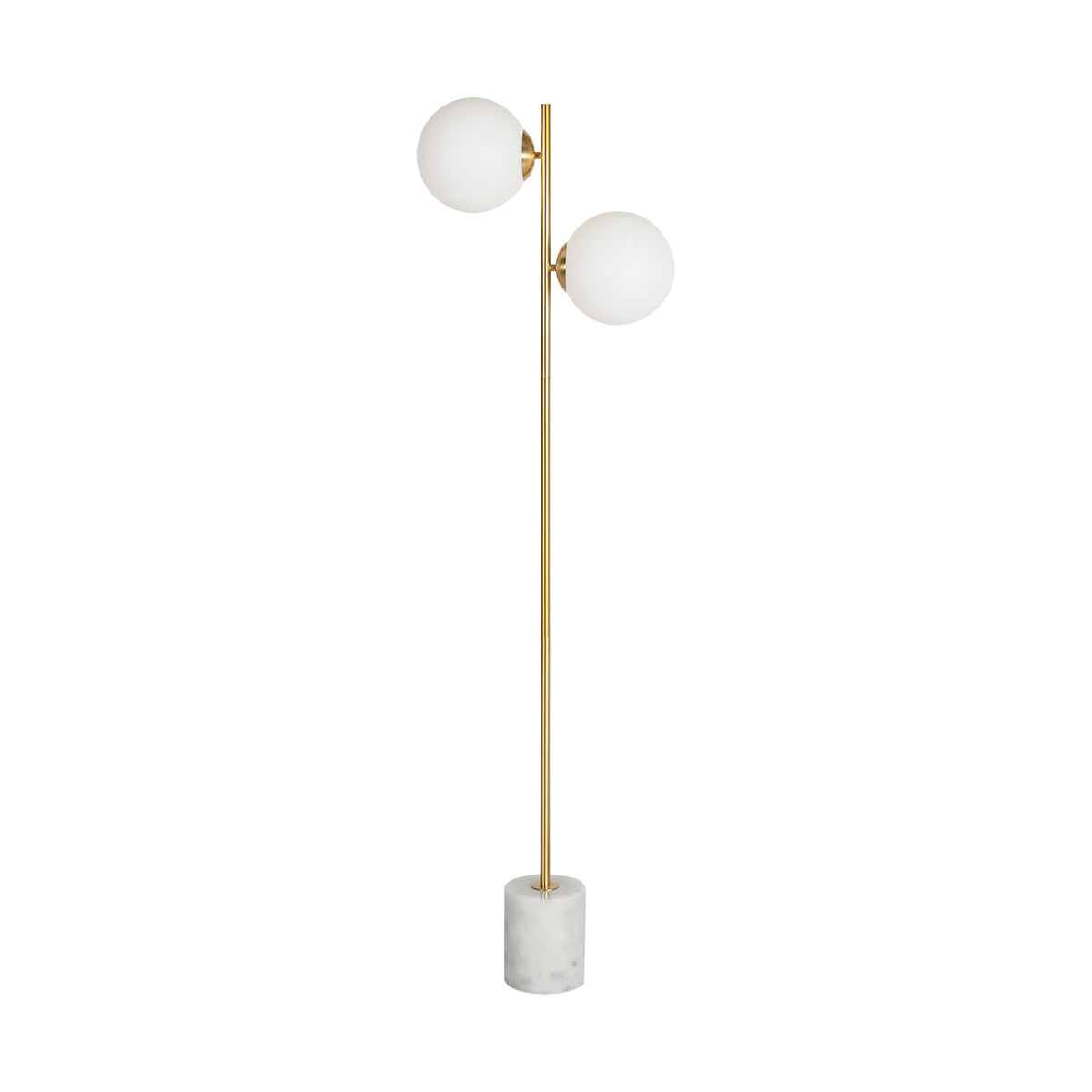 The Severina Metal Floor Lamp 158cm features a gold pole, two white globe bulbs, and a cylindrical white marble base—an elegant piece to complement your chandeliers and table lamps.