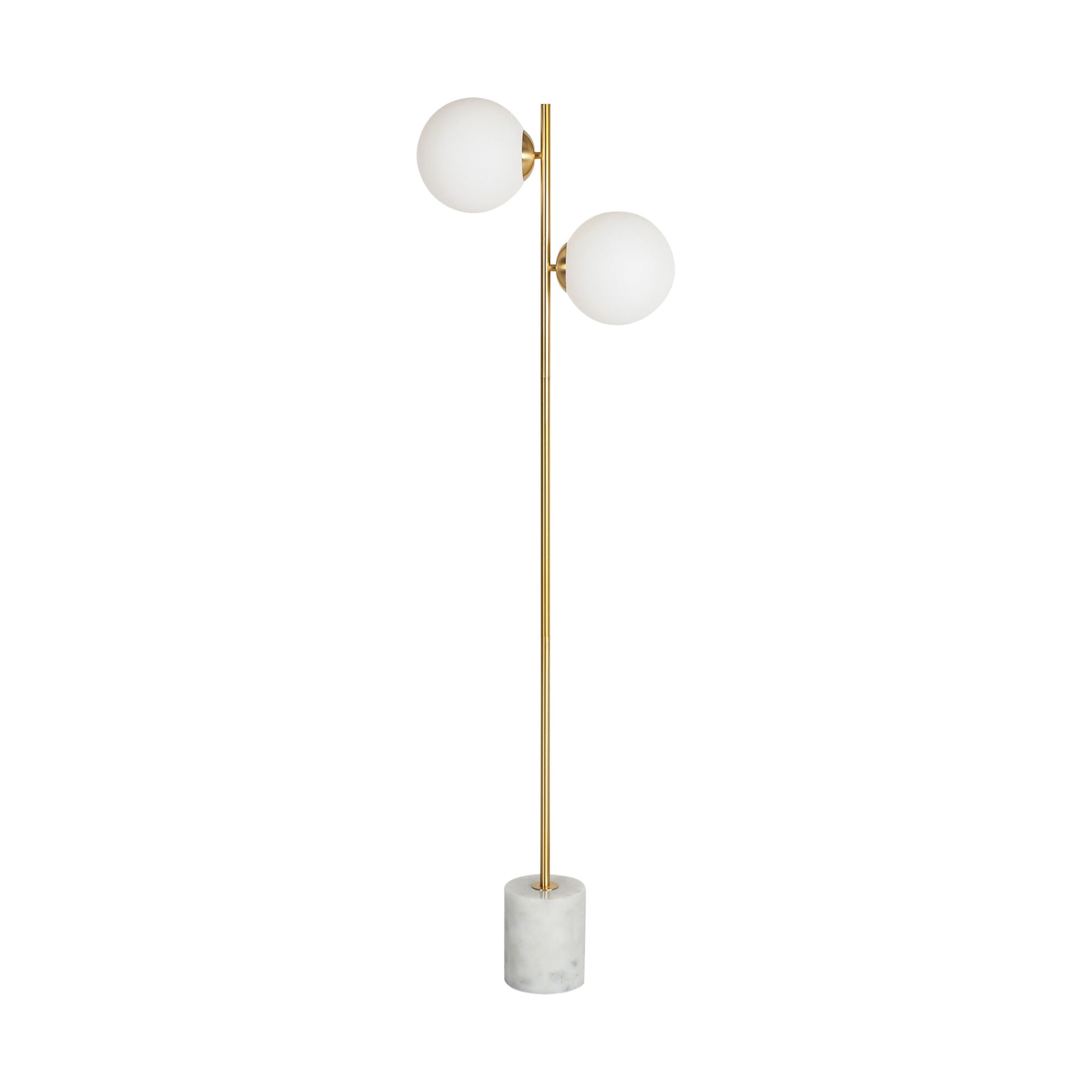 The Severina Metal Floor Lamp 158cm features a gold pole, two white globe bulbs, and a cylindrical white marble base—an elegant piece to complement your chandeliers and table lamps.