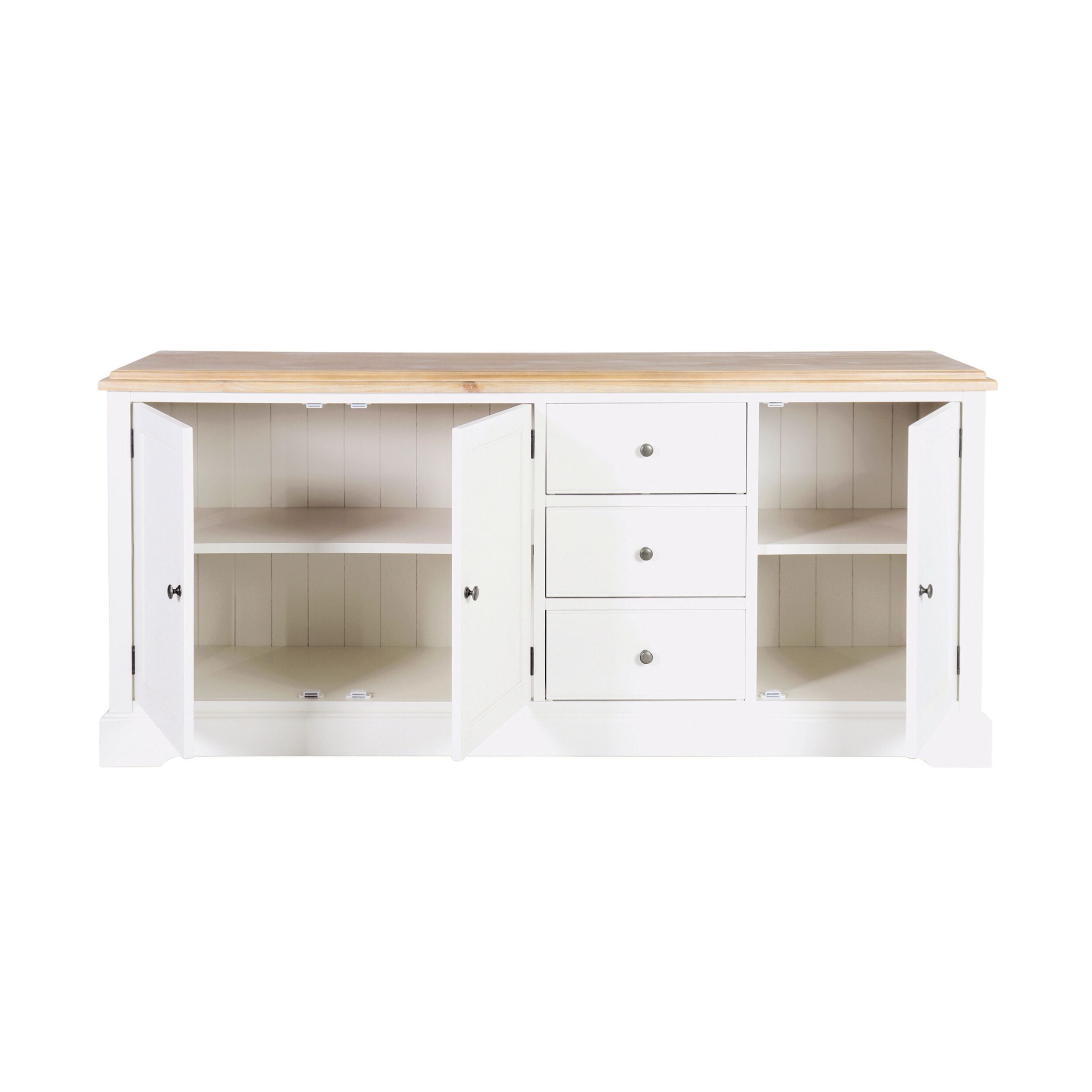 The roomy Clover Large Sideboard showcases open doors with shelves inside and three central closed drawers, all beautifully crafted from elegant timber.