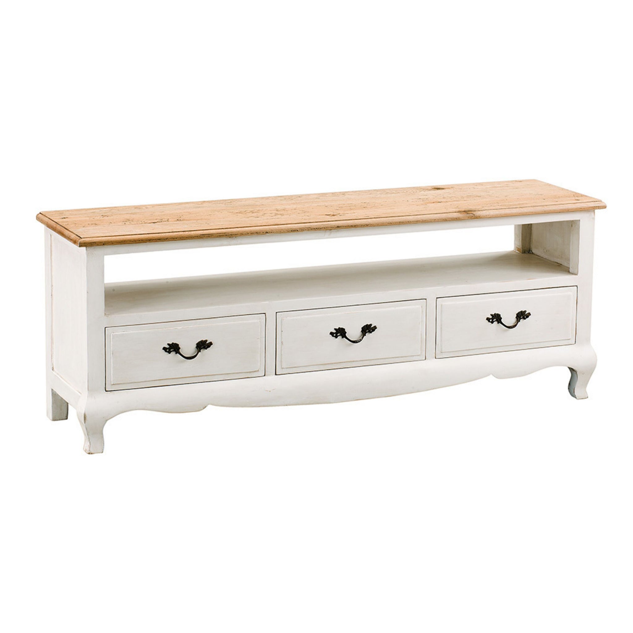 The Provincial Oak 3 Drawer TV Unit features a light brown solid oak top, a distressed white base, three drawers with metal handles, and an open shelf above the drawers.