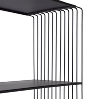 Close-up of the Hendrix 5 Tier Tall Shelving Unit, measuring 182.5 x 60cm, with powder-coated iron featuring thin vertical rods and horizontal platforms in a minimalistic design against a white background.