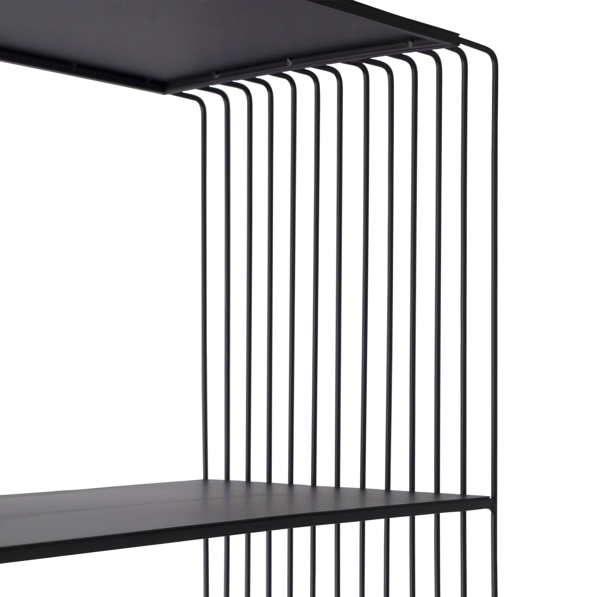 Close-up of the Hendrix 5 Tier Tall Shelving Unit, measuring 182.5 x 60cm, with powder-coated iron featuring thin vertical rods and horizontal platforms in a minimalistic design against a white background.