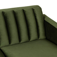 Close-up of the Stitch 2 Seater Velvet Sofa in Juniper Olive, featuring a green upholstered finish, vertical tufted backrest, smooth seat cushions, and brass-capped legs against a white background.