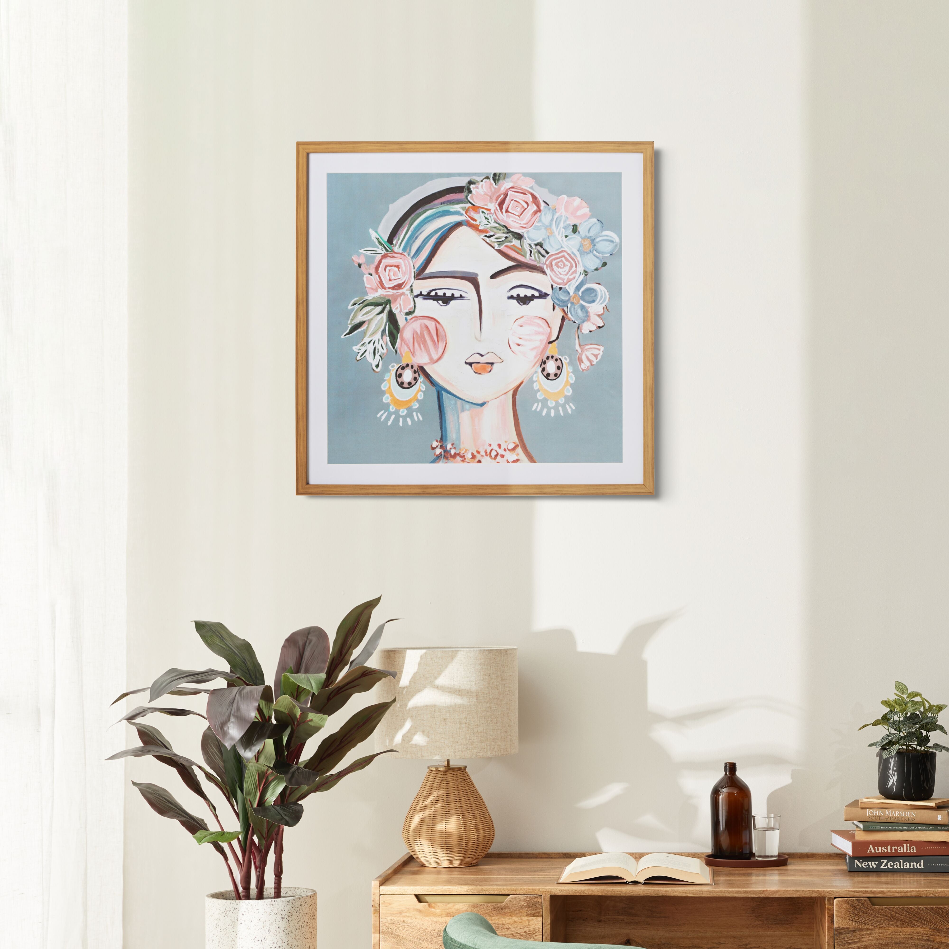 Charmaine Abstract Pink Floral Lady Framed Print 80x80cm – Early Settler AU