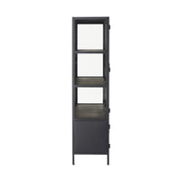 The Nero 6 Door Display Cabinet in black (135 x 40 x 160cm) features glass-fronted upper shelves and solid lower compartments, offering sleek storage. Shown from the front on a white background.