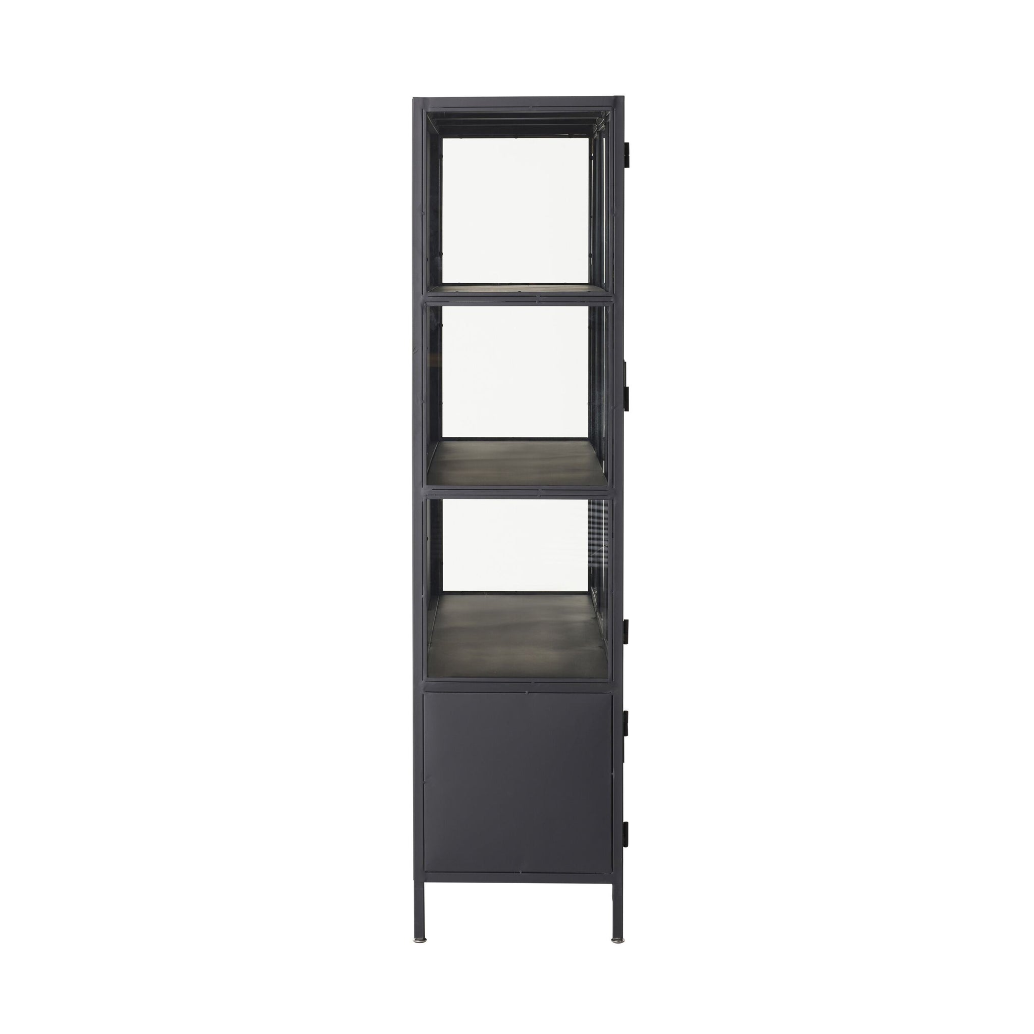 The Nero 6 Door Display Cabinet in black (135 x 40 x 160cm) features glass-fronted upper shelves and solid lower compartments, offering sleek storage. Shown from the front on a white background.