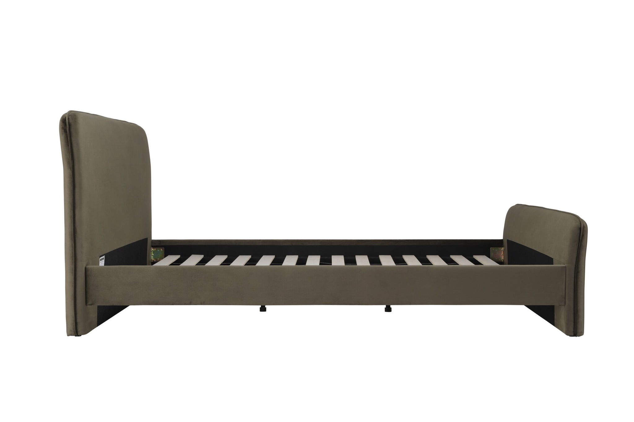 Side view of the Audrey King Bed in luxurious moss green velvet, showcasing its padded headboard and footboard against a crisp white background.