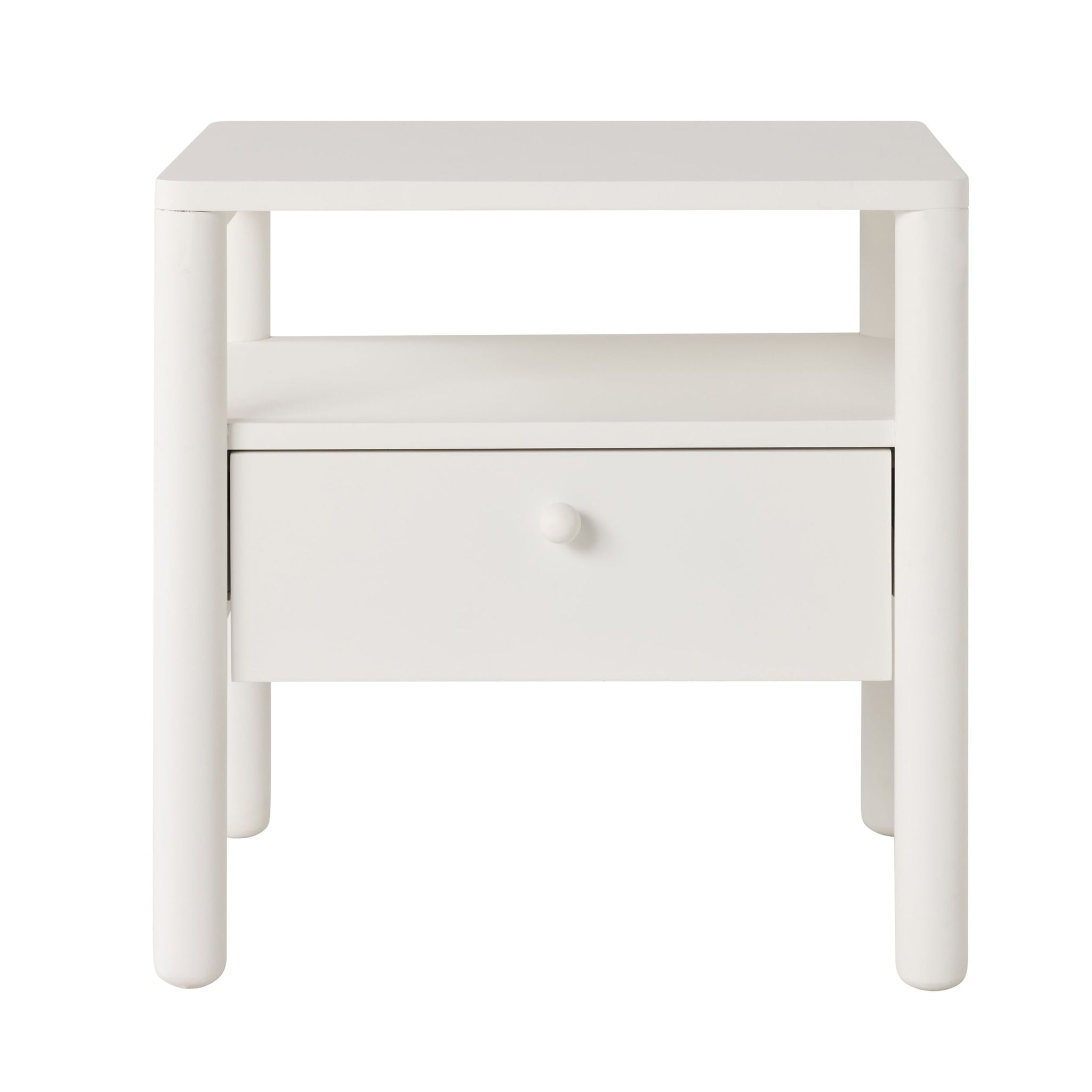 The Spintara 1 Drawer Bedside Table White features a minimalist coastal country style with rounded legs, one open shelf, and a single drawer—perfect as a stylish and functional addition to your bedroom.
