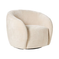 The Alessa Swivel Armchair Oasis Dune, covered in luxurious beige chenille upholstery, features a plush seat and backrest. This elegantly rounded chair is slightly angled to the left, ideal for home decor enthusiasts.