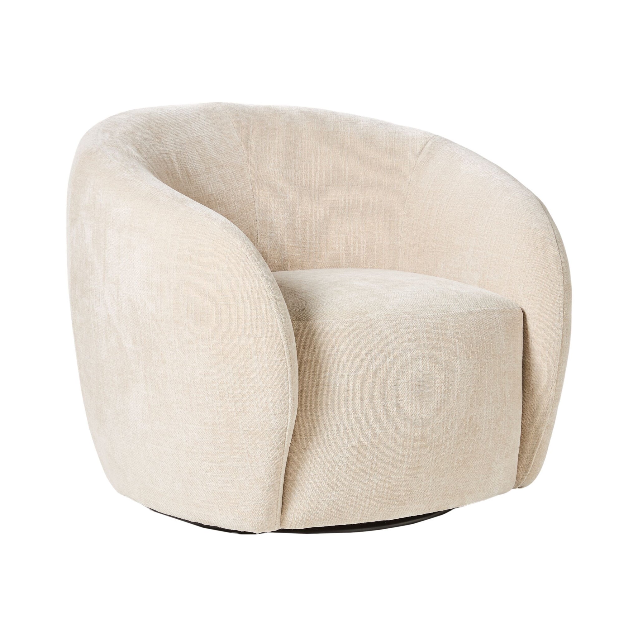 The Alessa Swivel Armchair Oasis Dune, covered in luxurious beige chenille upholstery, features a plush seat and backrest. This elegantly rounded chair is slightly angled to the left, ideal for home decor enthusiasts.