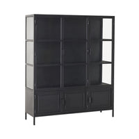 The Nero 6 Door Display Cabinet (135 x 40 x 160cm, Black) features a modern black metal frame, glass doors and panels, three lower storage compartments, and multiple shelves for stylish organization.