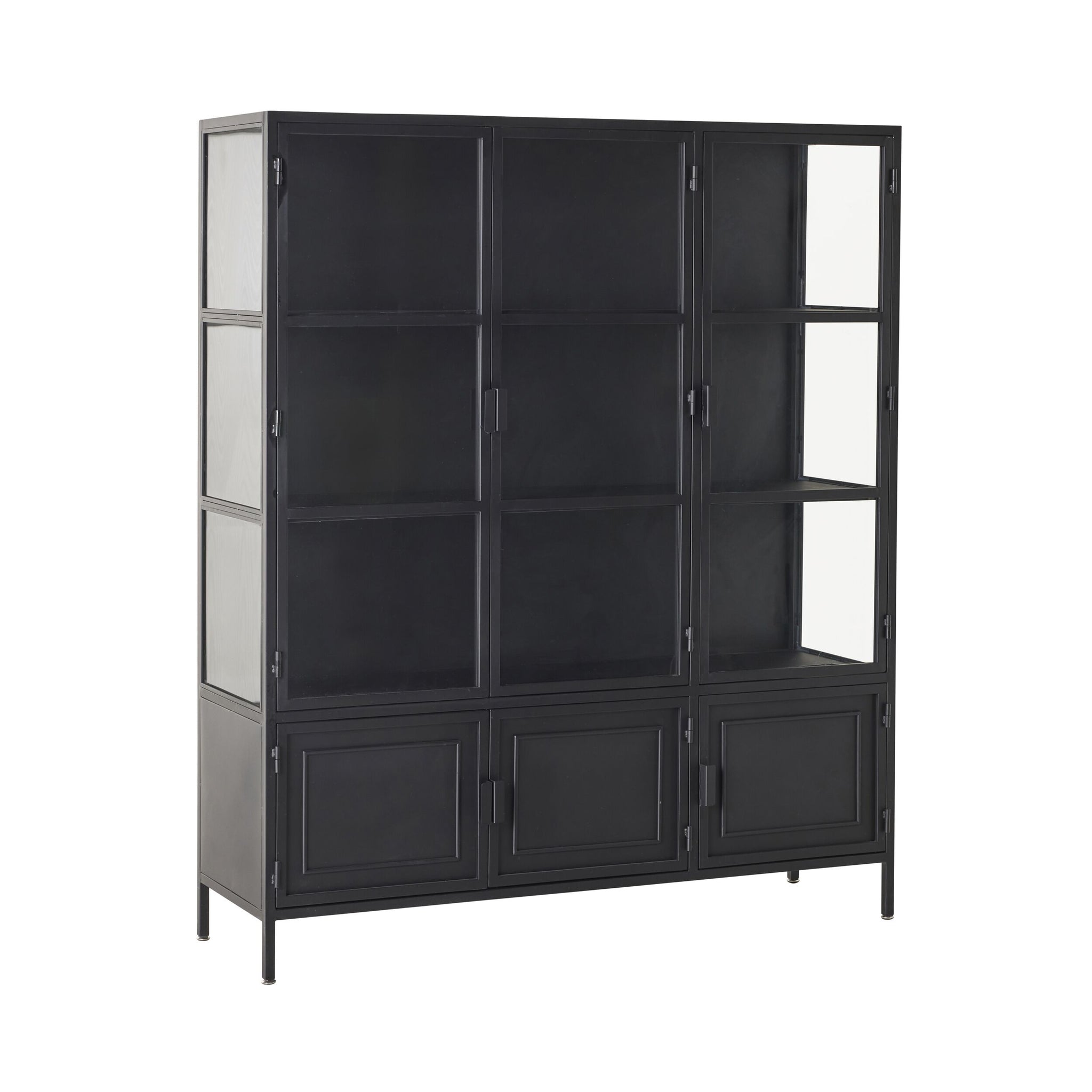 The Nero 6 Door Display Cabinet (135 x 40 x 160cm, Black) features a modern black metal frame, glass doors and panels, three lower storage compartments, and multiple shelves for stylish organization.